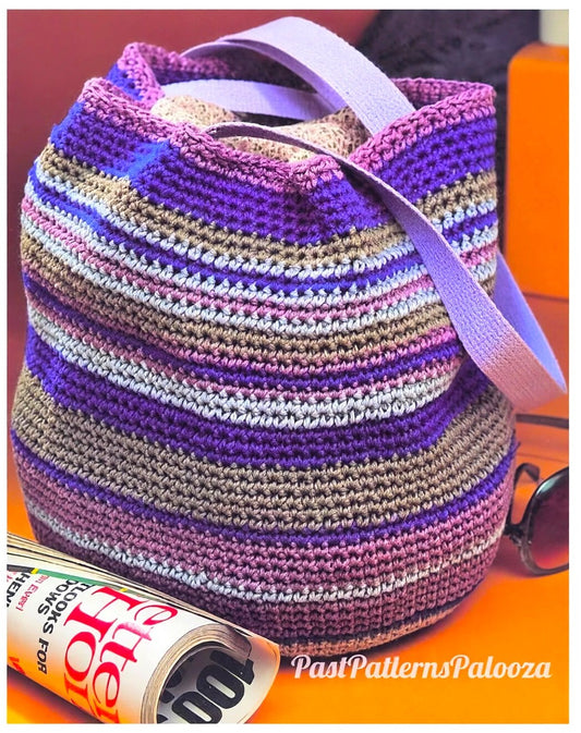 Vintage Crochet Pattern 16" Large Shopping Tote Striped Round Cotton Bag PDF Instant Digital Download