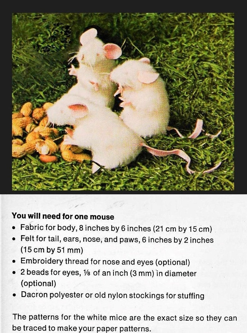 Vintage Sewing Pattern 4" Realistic Little Mouse Faux Fur Fabric Soft Sculpture Plush Toy PDF Instant Digital Download Stuffed Furry Mice