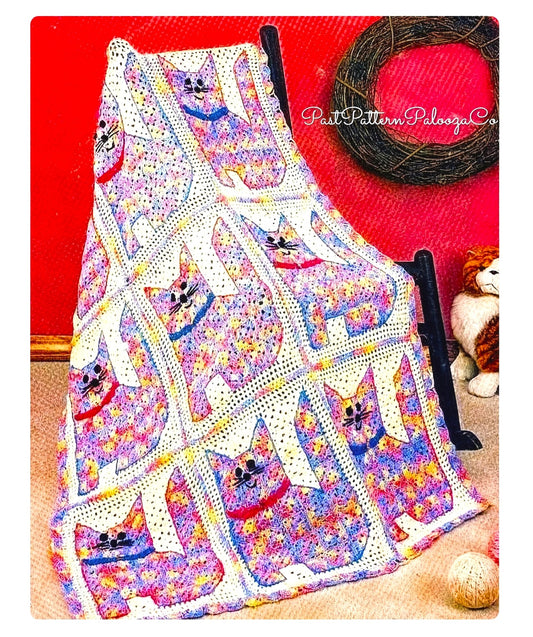 Vintage Crochet Pattern Colorful Calico Kittens Kitty Cat Squares Baby Afghan PDF Instant Digital Download