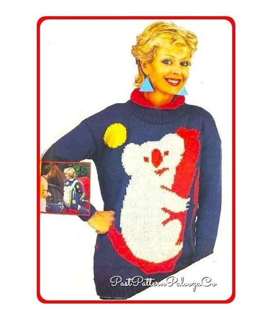 Vintage Knitting Pattern Lady Koala Bear Sweater Novelty Jumper PDF Instant Digital Download Australia Animal Pullover 80s Princess Diana