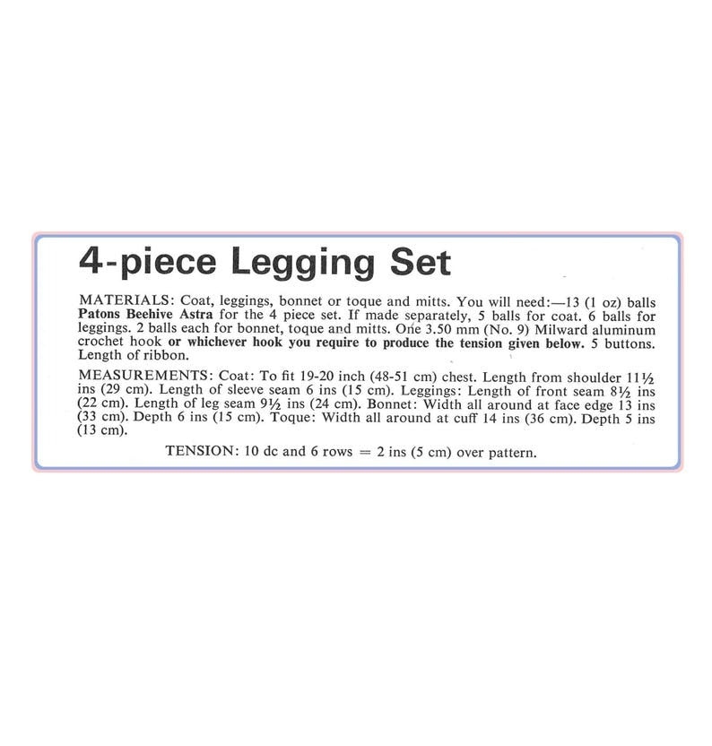 Vintage Crochet Pattern Baby Boy and Girl 4 Piece Legging Set PDF Instant Digital Download Coat Bonnet or Toque Mitts 6-12m 5 Ply