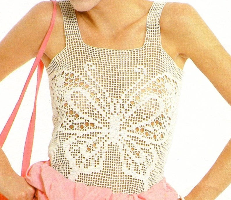 Vintage Crochet Pattern Filet Lace Camisole Top Retro Lacy Cotton Butterfly Cami PDF Instant Digital Download 80s Glam Girl