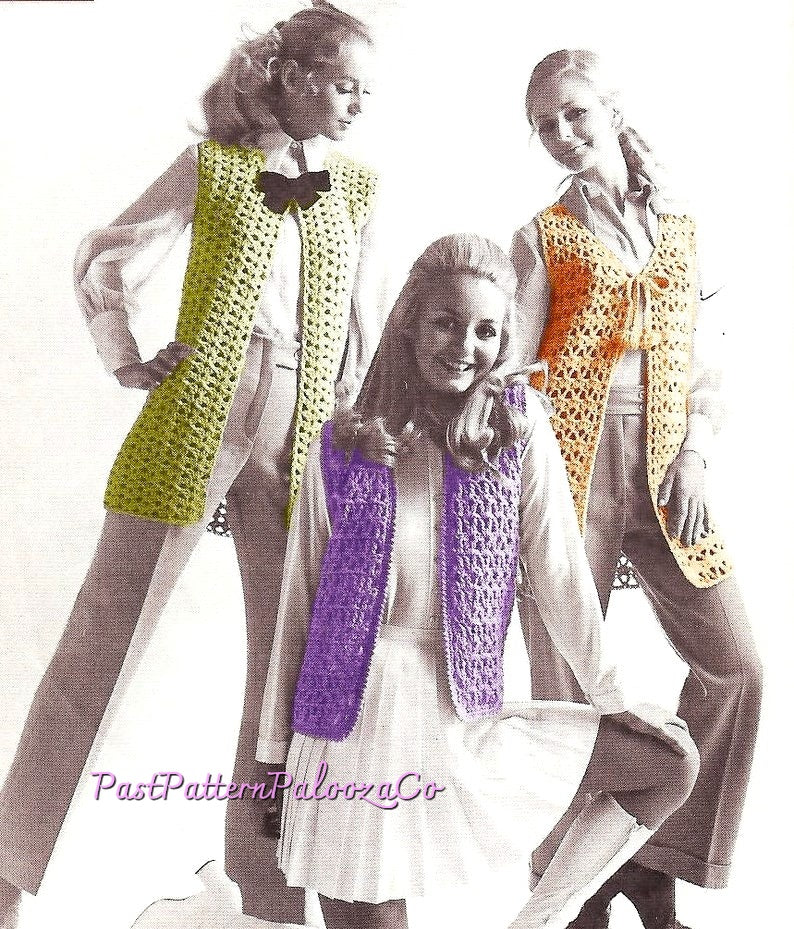 Vintage Crochet Pattern Womens Boho Vests PDF Instant Digital Download 1970s Groovy Mod Designs Shell Lattice Tassel Bulky 12 Ply