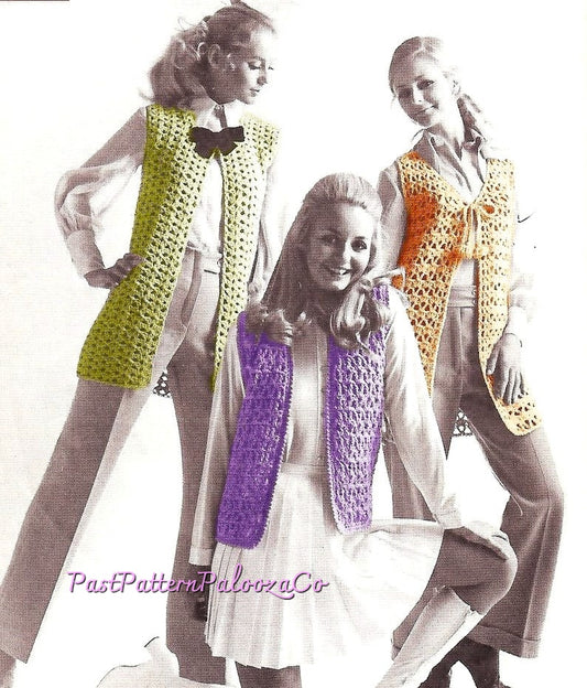 Vintage Crochet Pattern Womens Boho Vests PDF Instant Digital Download 1970s Groovy Mod Designs Shell Lattice Tassel Bulky 12 Ply