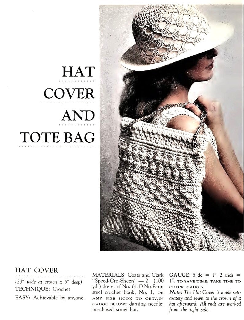 Vintage Thread Crochet Womens Hat Cover and Knitted Tote Bag Purse Set Pattern PDF Instant Digital Download Knitting Crochet Patterns 4 Ply