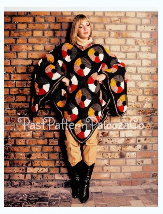 Vintage Crochet Pattern Womens Autumn Color Wheels Poncho PDF Instant Digital Download Boho Dresden Plate Granny Squares 10 Ply
