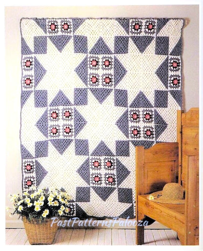 Vintage Crochet Pattern Texas Star Quilt and Rose Granny Square Afghan PDF Instant Digital Download Square Blanket 72x72" 10 Ply