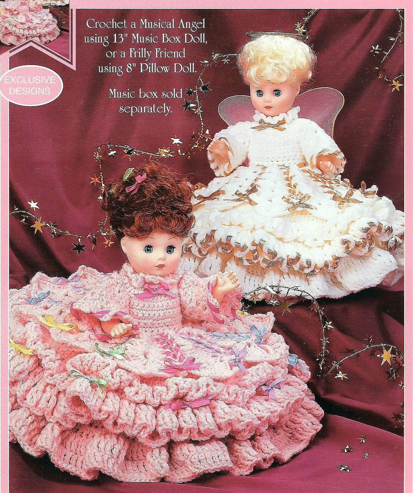 Vintage Crochet Pattern Angel and Ribbon Dress Bed Doll Music Box or Pillow Doll Outfits for 13 Inch Dolls PDF Instant Digital Download