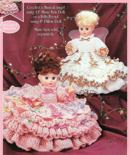 Vintage Crochet Pattern Angel and Ribbon Dress Bed Doll Music Box or Pillow Doll Outfits for 13 Inch Dolls PDF Instant Digital Download