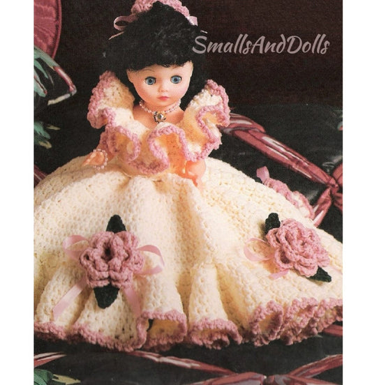 Vintage Crochet Pattern Elegant Victorian Rose Pillow Doll Bed Doll PDF Instant Digital Download Flower Motif Ruffle Dress 4 Ply