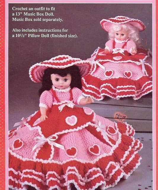 Vintage Crochet Pattern 13" Sweetheart Bed Doll Pillow Doll or Music Box Doll Hearts Dress PDF Instant Digital Download 10 Ply