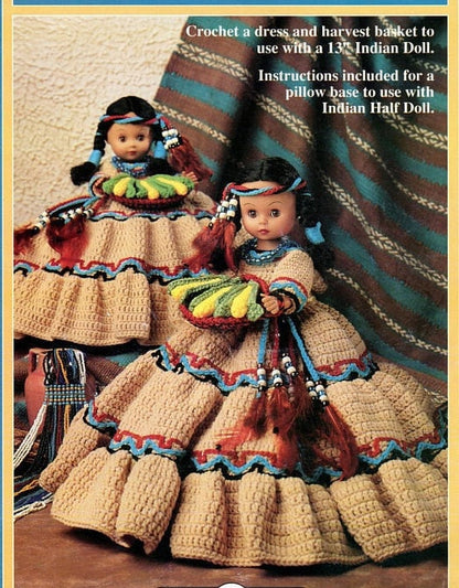 Vintage Crochet Pattern 13" Harvest Moon Indian Princess Pillow Music Box Bed Doll PDF Instant Digital Download Native American Doll Outfit