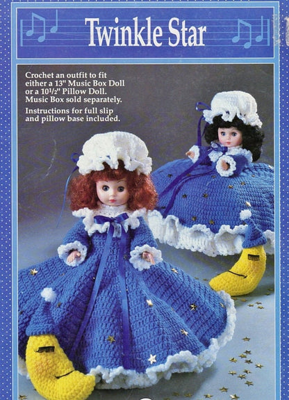 Vintage Crochet Pattern Twinkle Star Bed Doll Pillow Doll Music Box Doll Outfit Moon Dress Nightgown PDF Instant Digital Download 13" Dolls