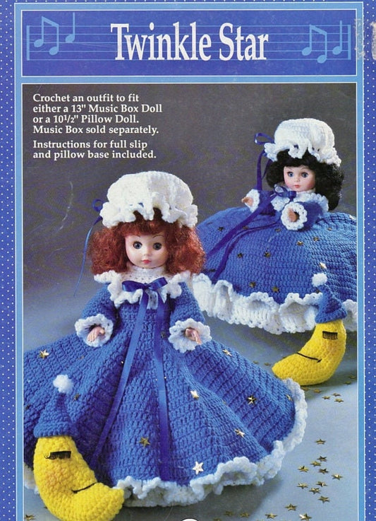 Vintage Crochet Pattern Twinkle Star Bed Doll Pillow Doll Music Box Doll Outfit Moon Dress Nightgown PDF Instant Digital Download 13" Dolls