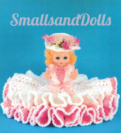 Vintage Crochet Pattern 13" Pretty Bed Doll Ruffled Tiered Dress and Hat PDF Instant Digital Download 10 Ply