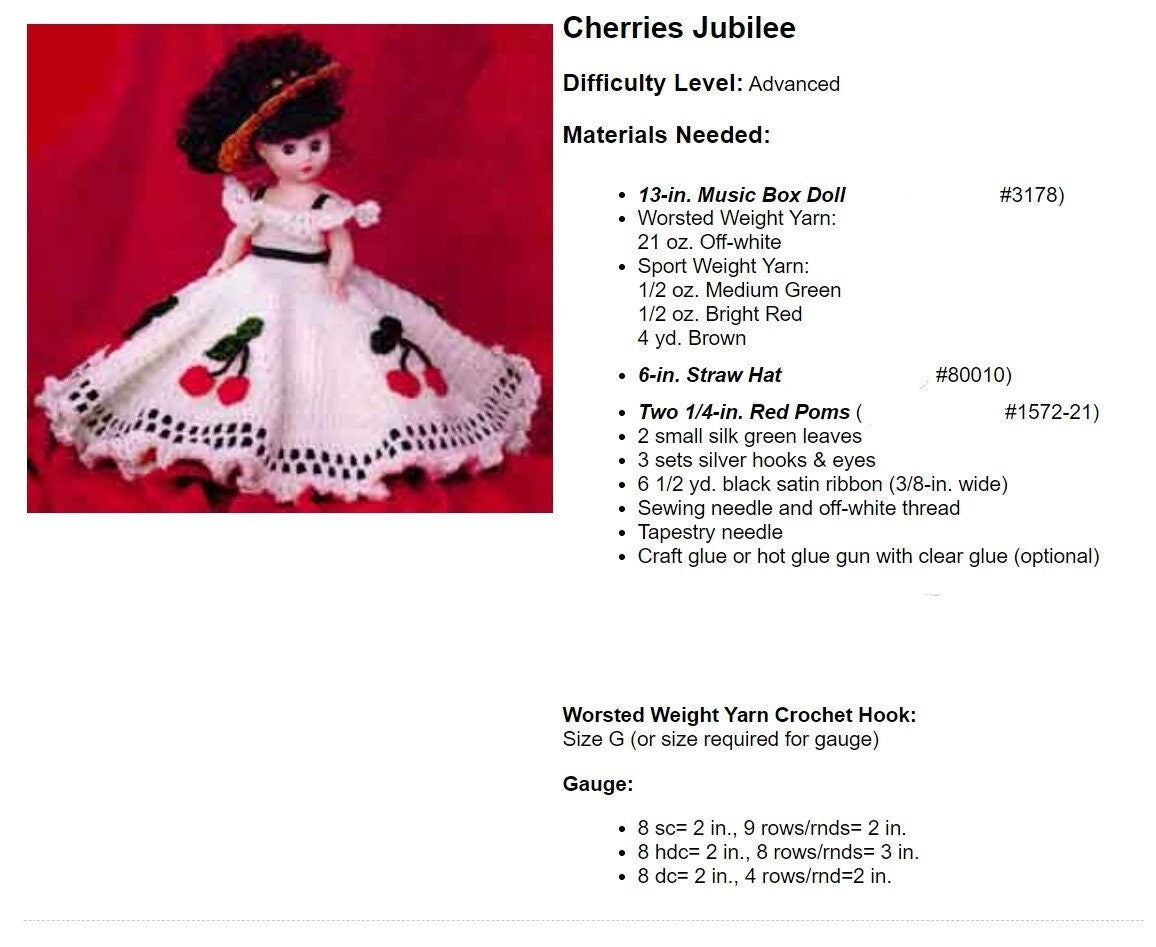 Vintage Crochet Pattern 13" Cherries Jubilee Music Box Bed Doll PDF Instant Digital Download 10 Ply