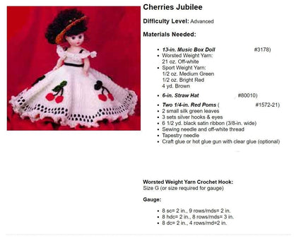 Vintage Crochet Pattern 13" Cherries Jubilee Music Box Bed Doll PDF Instant Digital Download 10 Ply
