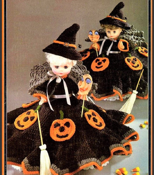 Vintage Crochet Pattern Halloween Witch Bed Doll Music Box or Pillow Doll 13 Inch PDF Instant Digital Download 13" Dress Outfit Hat 10 Ply