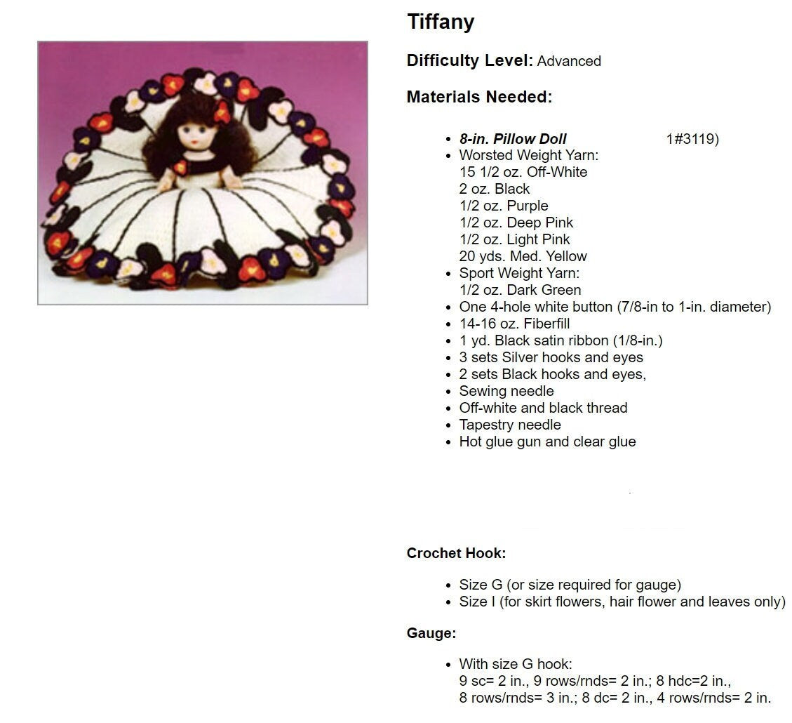 Vintage Crochet Pattern Tiffany Pillow Doll Bed Doll Stained Glass Pansies Flower Dress PDF Instant Digital Download 10 Ply