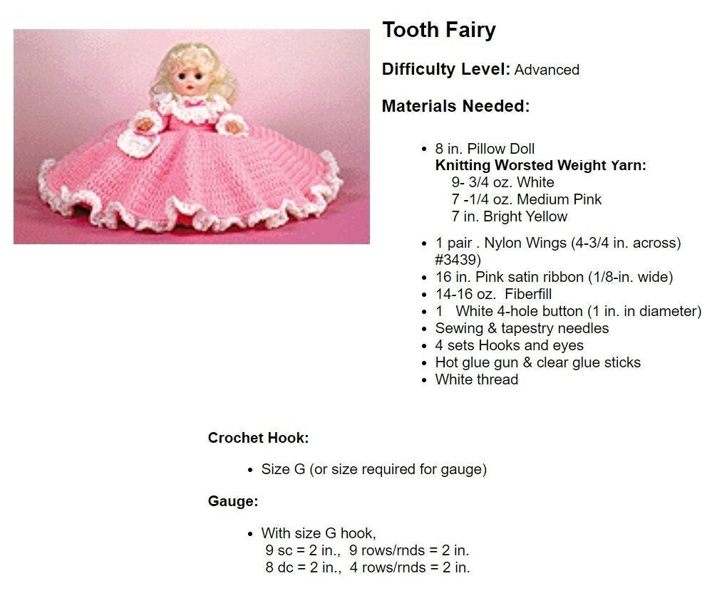 Vintage Crochet Pattern 12" Pretty Tooth Fairy Pillow Doll Angel Bed Doll Ruffled Dress PDF Instant Digital Download 10 Ply