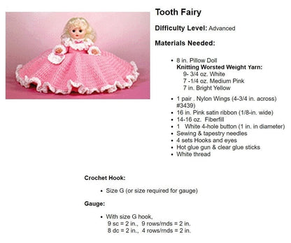 Vintage Crochet Pattern 12" Pretty Tooth Fairy Pillow Doll Angel Bed Doll Ruffled Dress PDF Instant Digital Download 10 Ply