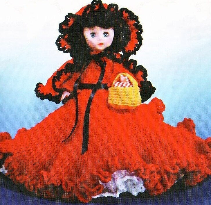 Vintage Crochet Pattern 13" Music Box Bed Doll Christmas Cape Red Riding Hood PDF Instant Digital Download 10 Ply
