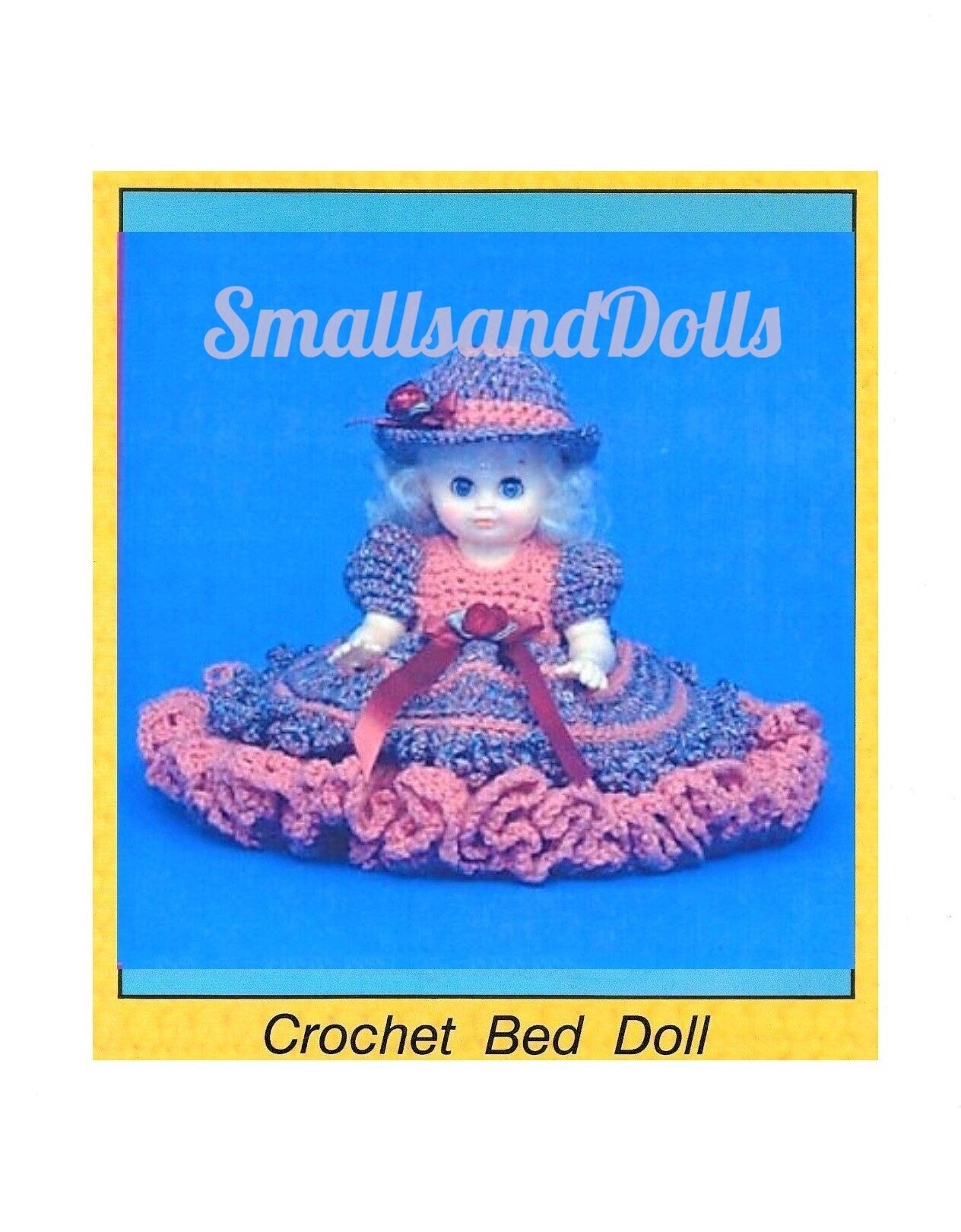 Vintage Crochet Pattern 13" Pretty Bed Doll Ruffled Dress and Hat PDF Instant Digital Download 10 Ply