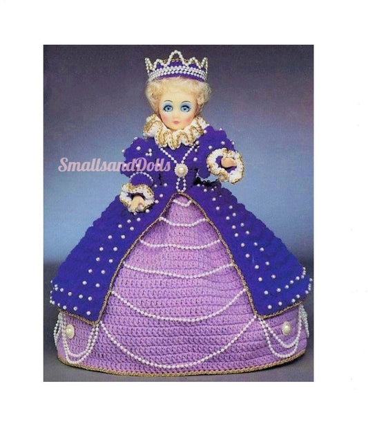 Vintage Bed Doll 15" Crochet Pattern Queen of Pearls Fashion Doll PDF Instant Digital Download Royal Gown Crown 10 Ply