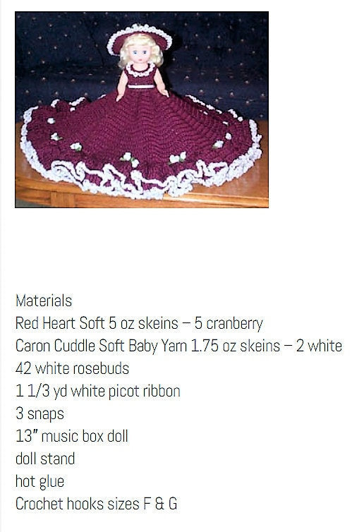 Vintage Crochet Pattern 13" Pretty Bed Doll Roses & Ruffles Dress Hat Outfit PDF Instant Digital Download 10 Ply