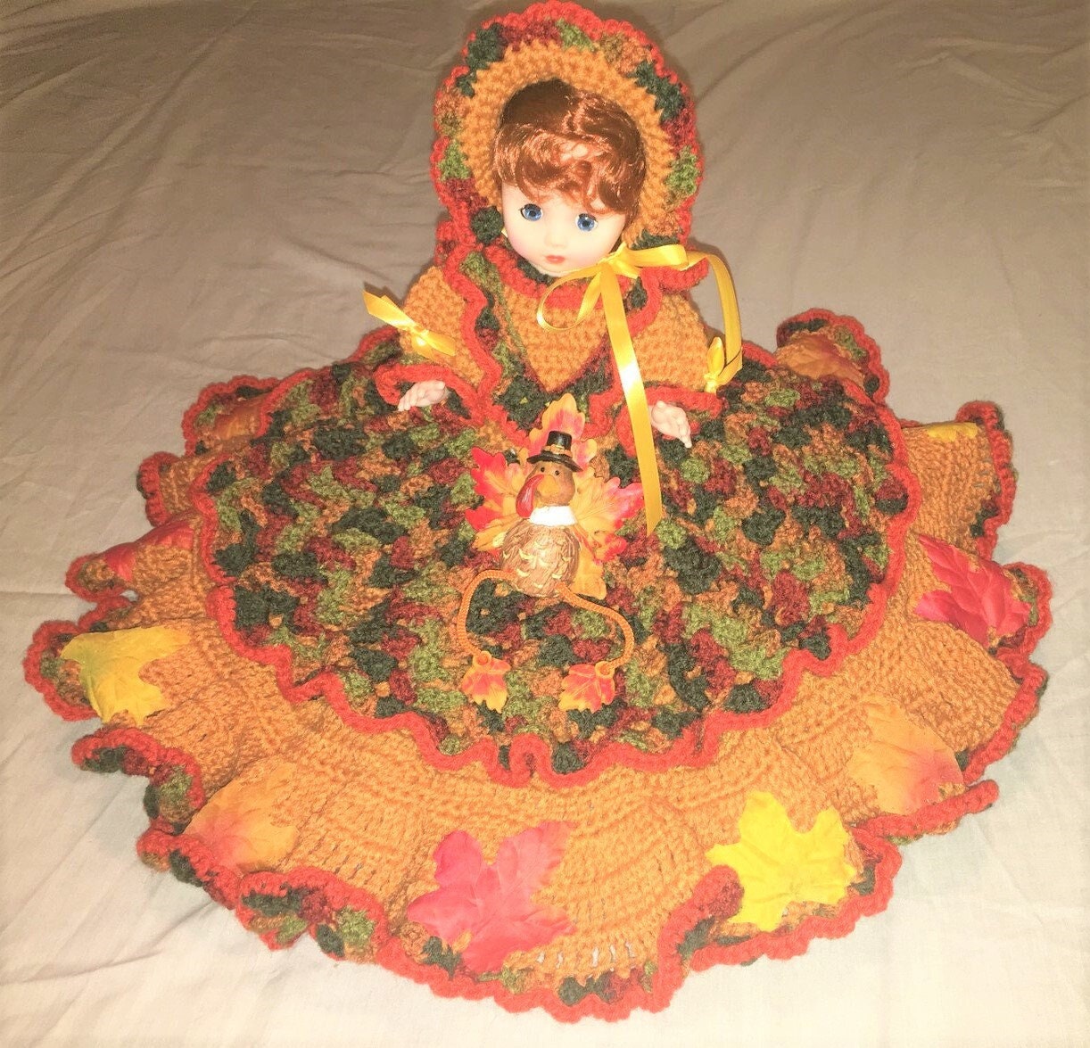 Vintage Crochet Pattern 13" Fall Autumn Leaves Bed Doll Music Box or Pillow Doll Dress Outfit PDF Instant Digital Download 10 Ply
