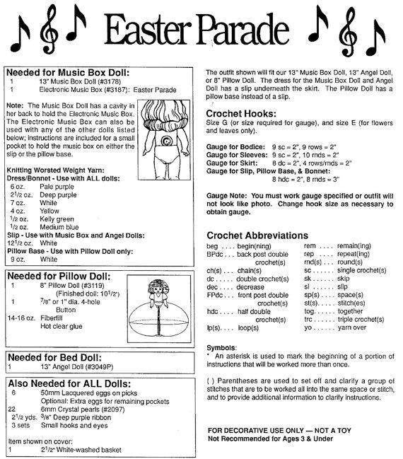 Vintage Crochet Pattern 13" Bed Doll Pillow Doll Music Box Doll Easter Parade Dress PDF Download Easter Egg Gathering Pockets 10 Ply