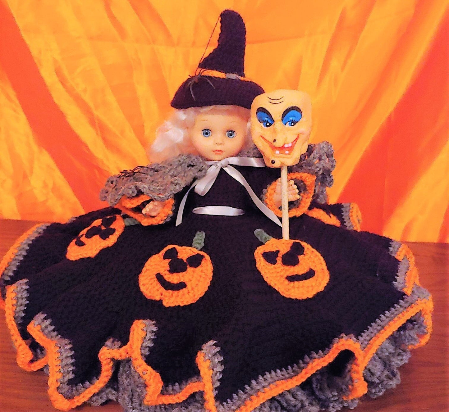 Vintage Crochet Pattern Halloween Witch Bed Doll Music Box or Pillow Doll 13 Inch PDF Instant Digital Download 13" Dress Outfit Hat 10 Ply
