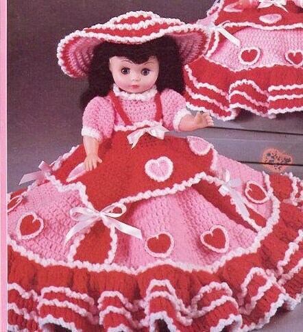 Vintage Crochet Pattern 13" Sweetheart Bed Doll Pillow Doll or Music Box Doll Hearts Dress PDF Instant Digital Download 10 Ply