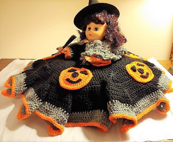 Vintage Crochet Pattern Halloween Witch Bed Doll Music Box or Pillow Doll 13 Inch PDF Instant Digital Download 13" Dress Outfit Hat 10 Ply