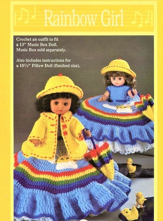 Vintage Crochet Pattern Rainbow Girl Bed Doll Music Box or Pillow Doll Dress Outfit PDF Instant Digital Download 13 Inch Doll 10 Ply