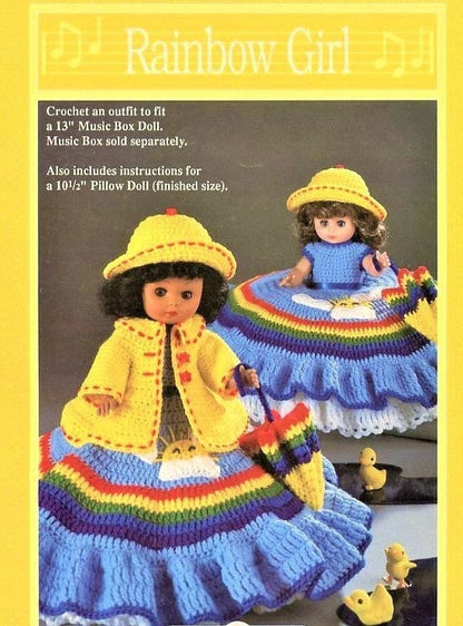 Vintage Crochet Pattern Rainbow Girl Bed Doll Music Box or Pillow Doll Dress Outfit PDF Instant Digital Download 13 Inch Doll 10 Ply
