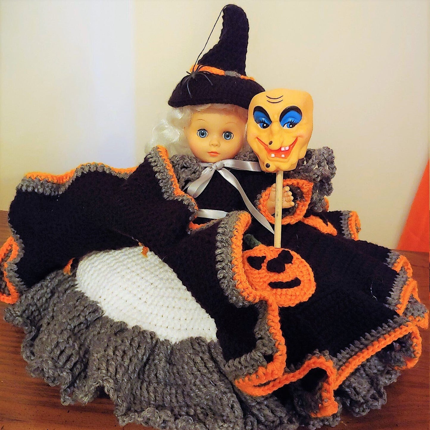 Vintage Crochet Pattern Halloween Witch Bed Doll Music Box or Pillow Doll 13 Inch PDF Instant Digital Download 13" Dress Outfit Hat 10 Ply