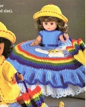 Vintage Crochet Pattern Rainbow Girl Bed Doll Music Box or Pillow Doll Dress Outfit PDF Instant Digital Download 13 Inch Doll 10 Ply