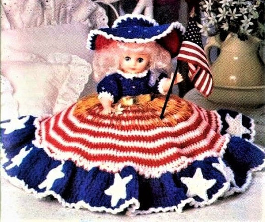Vintage Crochet Pattern 13" Patriotic American Bed Pillow Doll Dress Hat PDF Instant Digital Download Red White Blue July 4th Doll 10 Ply