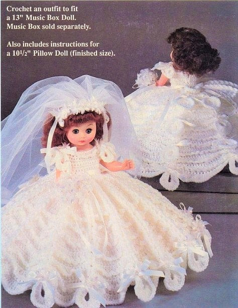 Vintage Crochet Pattern 13" Bride Bed Doll Music Box or Pillow Doll PDF Instant Digital Download Dolly Bridal Outfit 10 Ply