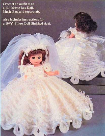 Vintage Crochet Pattern 13" Bride Bed Doll Music Box or Pillow Doll PDF Instant Digital Download Dolly Bridal Outfit 10 Ply