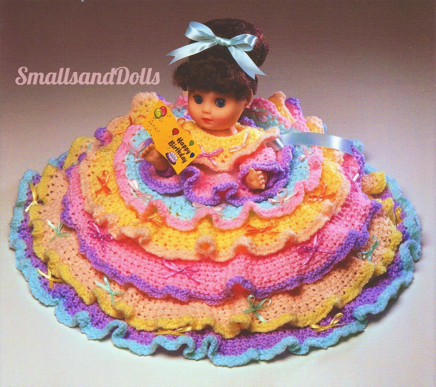 Vintage Knitting Pattern Birthday Belle Pillow Doll Music Box Bed Doll Tiered Ruffle Dress PDF Instant Digital Download DK