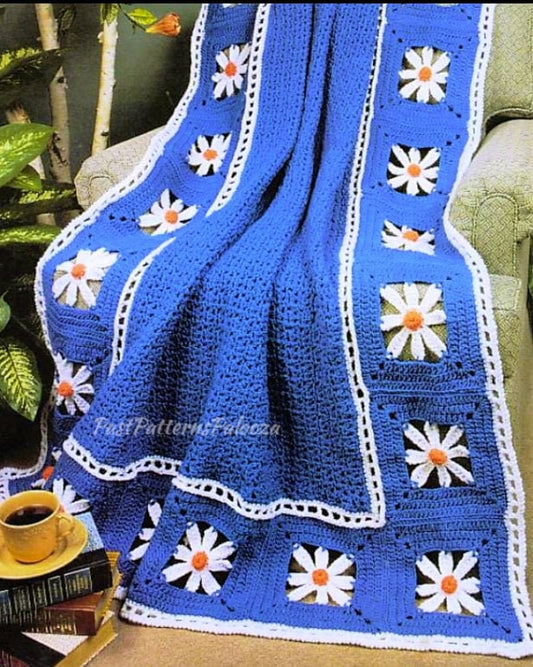 Vintage Crochet Afghan Pattern Gerber Daisy Squares Border Throw PDF Instant Digital Download Daisies Motif Flower Blanket 50x66 10 Ply