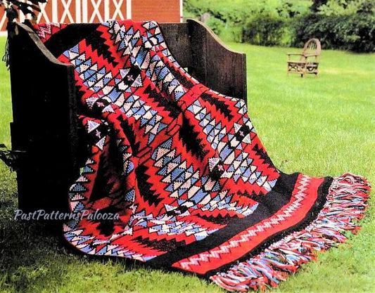 Vintage Crochet Afghan American Indian Blanket Pattern PDF Instant Digital Download Geometric Navajo Pottery 58x67 Tunisian Stitch 10 Ply