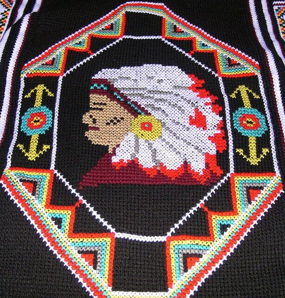 Vintage Crochet Afghan American Indian Blanket Pattern PDF Instant Digital Download Indian Chief Head Throw 4 Ply