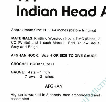 Vintage Crochet Afghan American Indian Blanket Pattern PDF Instant Digital Download Indian Chief Head Throw 4 Ply