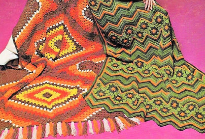 Vintage Crochet Pattern Retro Granny Square Afghans Large Diamond & ZigZag Ripple PDF Instant Digital Download Aran 10 Ply