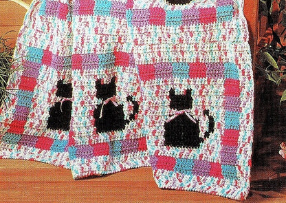 Vintage Crochet Pattern Cute Kitty Cat Blocks Afghan PDF Instant Digital Download Variegated Yarn Ribbon Bows Blanket Throw 47x61 10 Ply