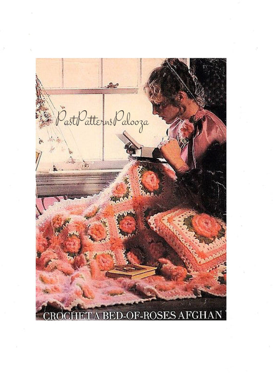 Vintage 1970s Crochet Pattern Bed of Roses Mohair Afghan and Pillow Set PDF Instant Digital Download 44x56