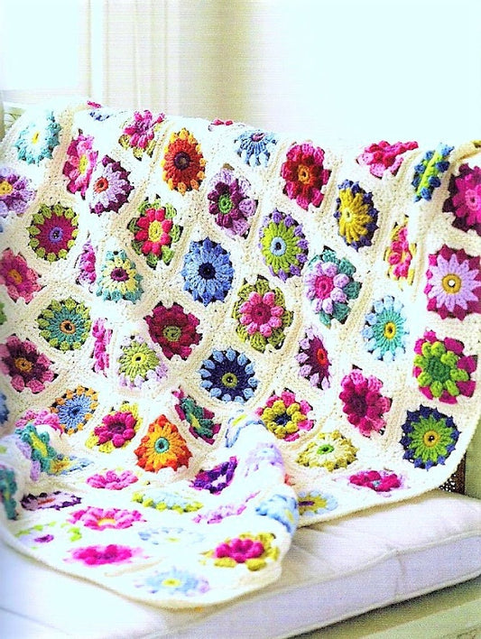 Vintage Crochet Pattern Popcorn Roses & Daisies Granny Square Afghan PDF Instant Digital Download Pretty Wild Flower Field Throw Coverlet